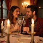 Couple toasting with silver champagne flutes featuring Moroccan filigree metal stems at dinner