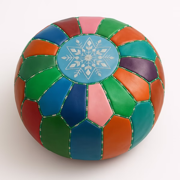 Handcrafted Moroccan leather pouf ottoman in vibrant patchwork pattern