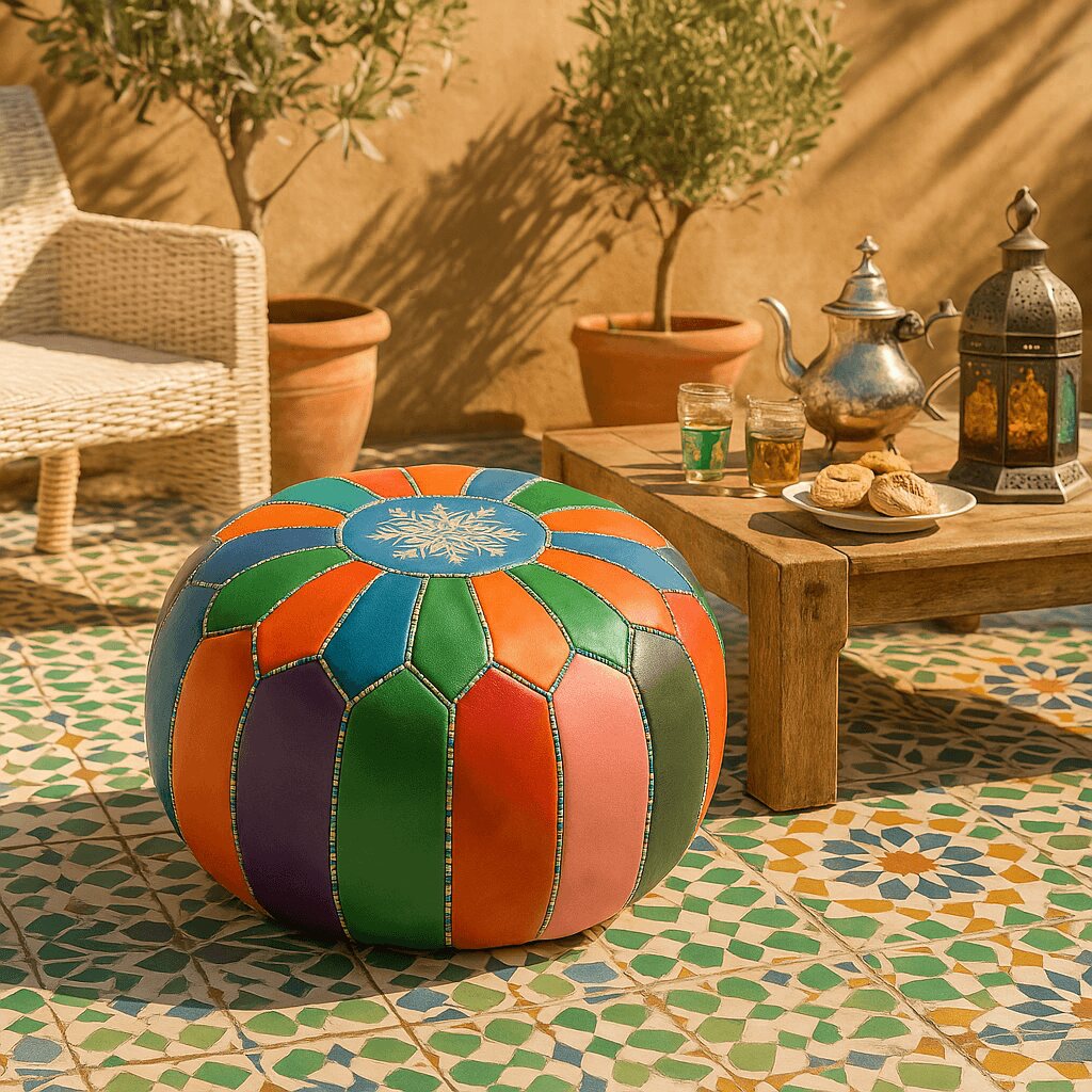 Handcrafted leather floor ottoman with rainbow patches on Moroccan tile patio near tea set and olive trees