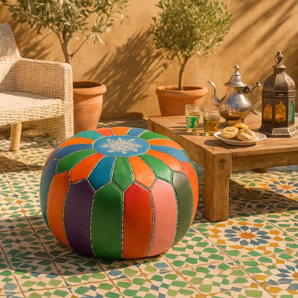 Multicolored leather pouf ottoman on a Moroccan mosaic-tiled terrace next to traditional tea and lantern decor.