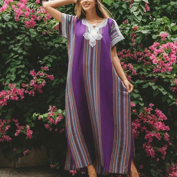 Purple cotton Morocco dress with striped panels, white embroidered neckline, loose fitting kaftan silhouette