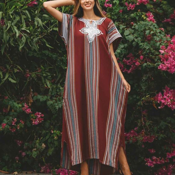 Burgundy cotton Morocco dress featuring multicolor stripes, handcrafted white embroidery, bohemian kaftan design