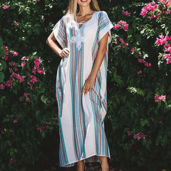 White Cotton Morocco Dress with striped pattern