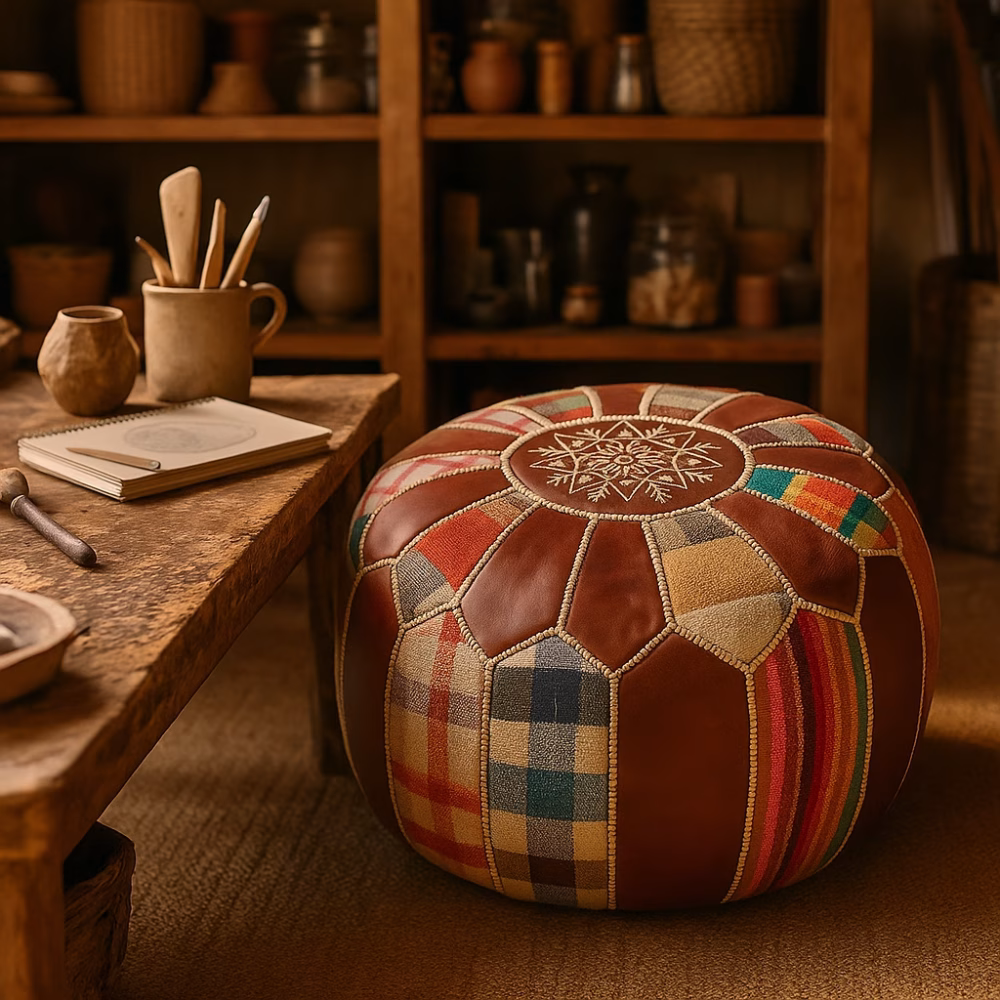 Round leather pouf ottoman with vibrant stitched panels, placed in a pottery artist’s workspace.