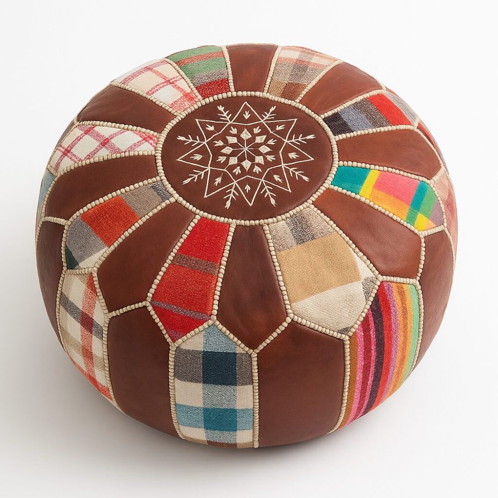 Top view of round leather pouf ottoman with snowflake pattern