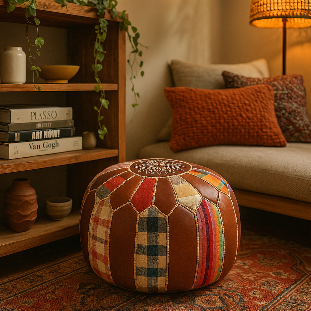 Warm-toned boho corner featuring a round leather pouf ottoman, layered textiles, and a woven lamp.
