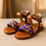 Colorful woven leather sandals displayed on wood surface, vibrant braid and smooth leather footbed.
