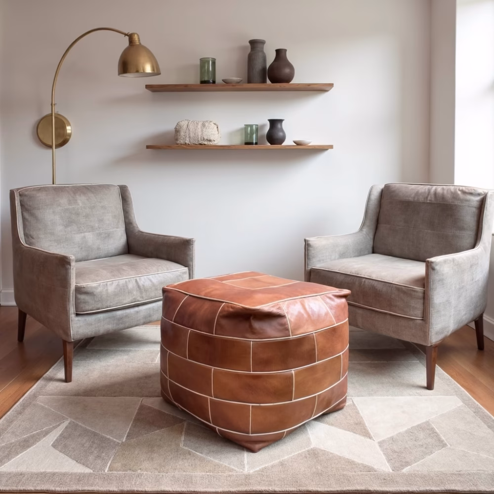 Light brown square leather pouf ottoman between two chairs in living room