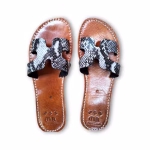 Black and white patterned Moroccan leather flat sandals