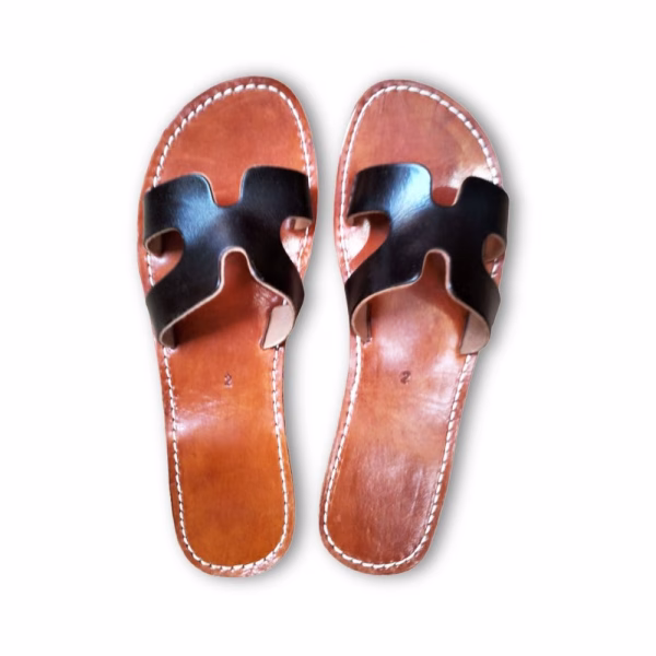 Black patterned Moroccan leather flat sandals