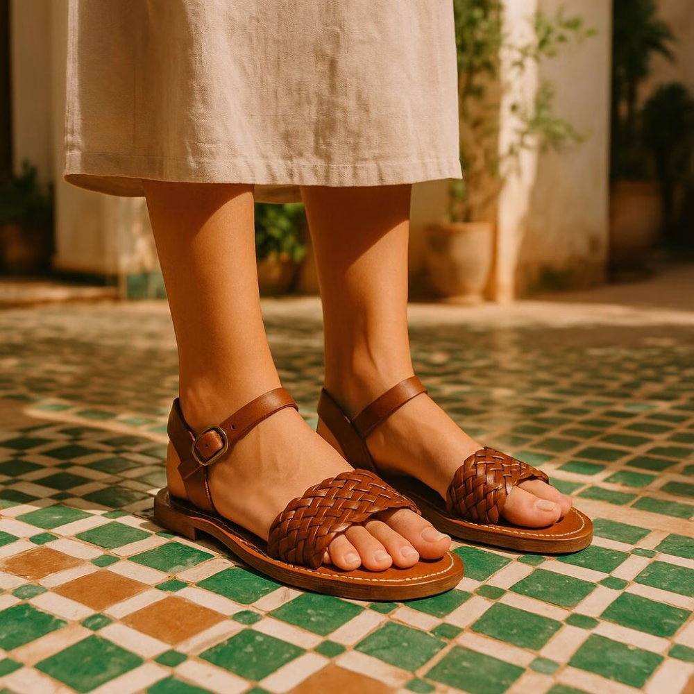 Leather sandals in natural tan, modeled outdoors on green-and-white zellige tiles, braided toe band visible.