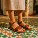 Leather sandals in natural tan, modeled outdoors on green-and-white zellige tiles, braided toe band visible.