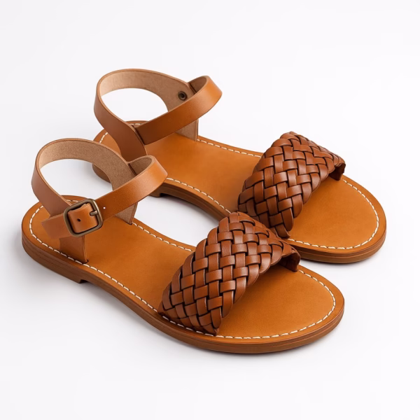 Light tan braided leather sandals on white studio background with brass buckle and hand-stitched sole.