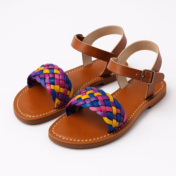Multicolored woven leather sandals on white background, showing bright braid and adjustable buckle.