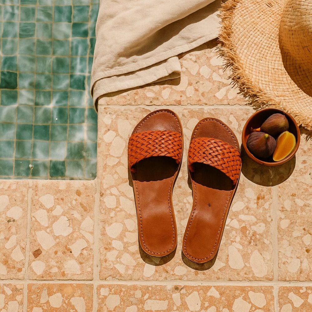 Pool-side scene with orange Leather Slides, sunhat, and figs beside turquoise tiles.