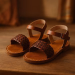 Rich brown braided leather sandals on rustic wooden tabletop, warm light accentuating texture and stitching.