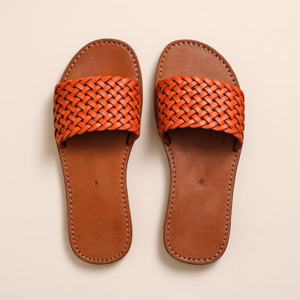 Studio shot of vibrant orange woven Leather Slides on neutral background.