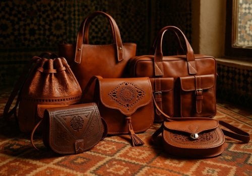 Collection of authentic handmade Moroccan leather bags in various styles including crossbody, tote, and embossed designs displayed on traditional Berber carpet