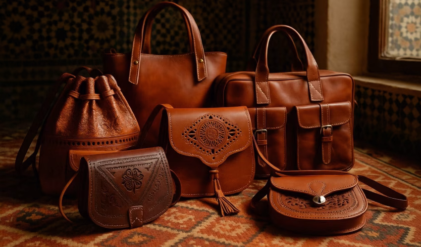 Collection of authentic handmade Moroccan leather bags in various styles including crossbody, tote, and embossed designs displayed on traditional Berber carpet