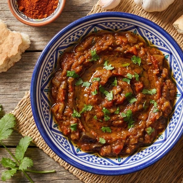 Traditional Moroccan zaalouk eggplant and tomato dip in a ceramic bowl garnished with fresh cilantro and olive oil, served with crusty bread