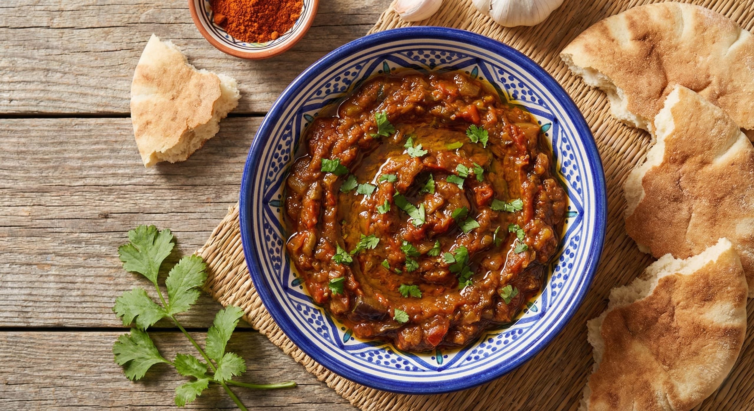 Traditional Moroccan zaalouk eggplant and tomato dip in a ceramic bowl garnished with fresh cilantro and olive oil, served with crusty bread
