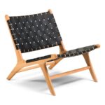 Black woven leather lounge chair with teak wood frame, mid-century modern accent chair