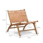 Detailed dimensions of handcrafted leather lounge chair showing measurements and teak frame