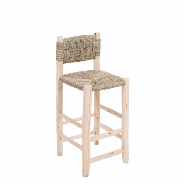 Handwoven Moroccan Palm Leaf Bar Stool,Artisanal Lemon Wood Bar Chair (Medium)
