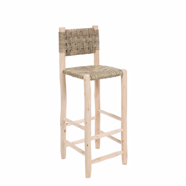 Handwoven Moroccan Palm Leaf Bar Stool,Artisanal Lemon Wood Bar Chair (Tall)
