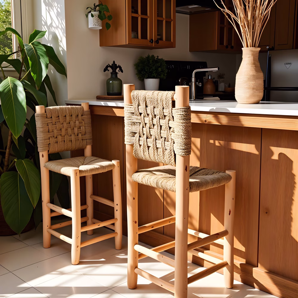 Handwoven Palm Leaf Bar Chair - Artisanal Lemon Wood Counter Stool