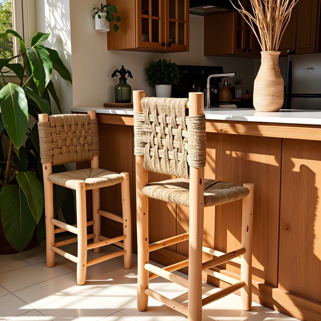 Handwoven bar chair pair with basket-weave palm fiber seats in bright kitchen setting with plants