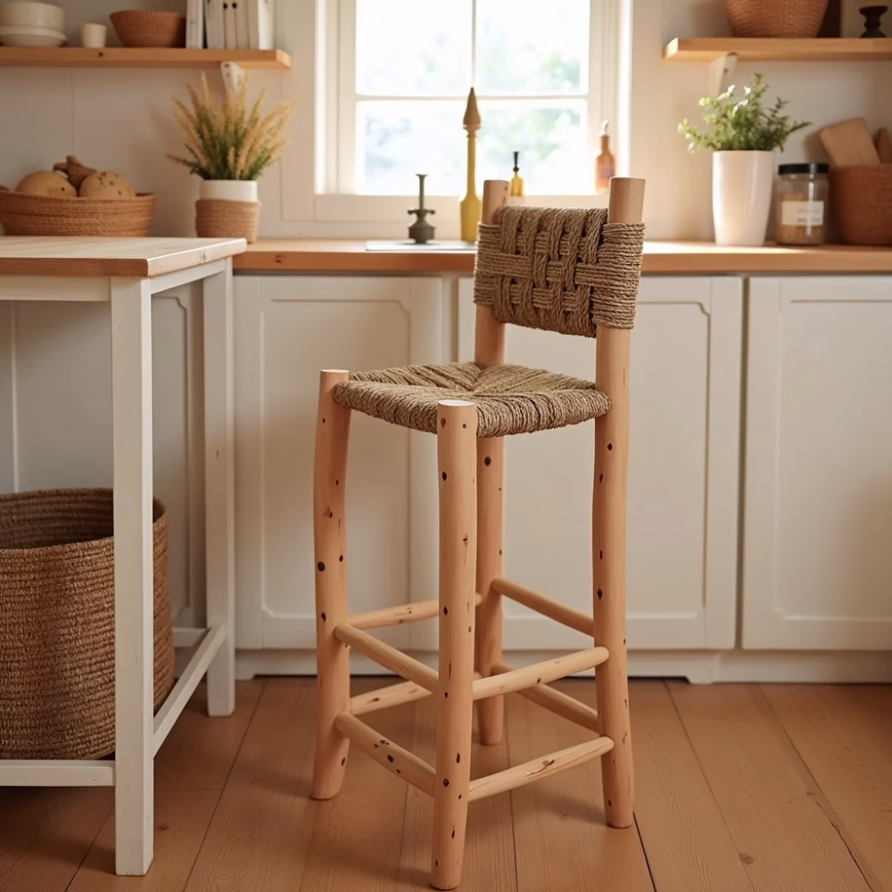 Handwoven Palm Leaf Bar Chair - Artisanal Lemon Wood Counter Stool