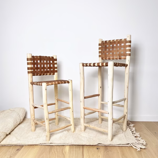 Premium Moroccan Leather Bar Stool - Handwoven Cowhide Counter Chair (2 Heights)