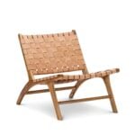 Handwoven leather lounge chair in natural tan with teak wood frame, mid-century modern design