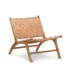 Natural tan woven leather lounge chair with teak frame-handcrafted accent chair featuring genuine leather straps in basketweave pattern and angled solid wood base