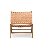 Front view of handcrafted leather lounge chair in beige with natural teak wood construction