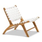 Pure white leather lounge chair with basketweave pattern, side angle view on teak frame