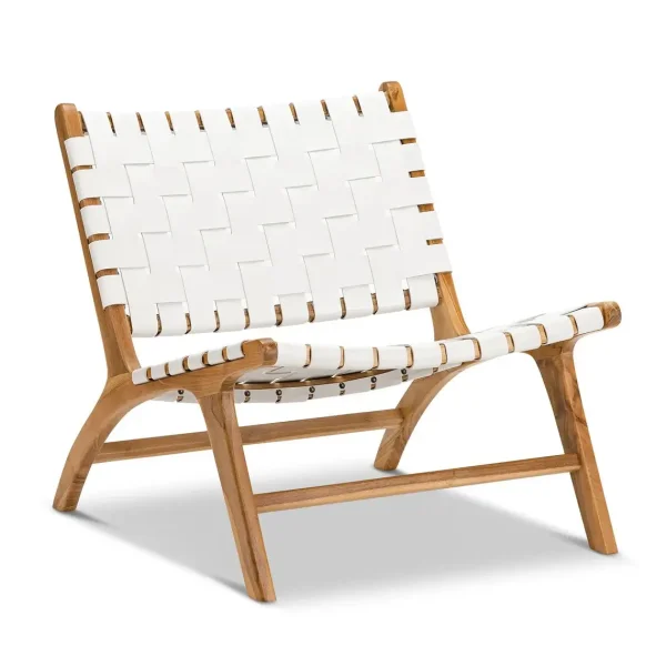 White woven leather lounge chair with natural teak frame in modern interior setting