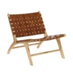Woven leather lounge chair in cognac brown with teak frame, showcasing basketweave pattern
