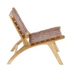 Angled view of leather lounge chair in natural finish with crossed teak legs and low profile