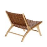Rear perspective of woven leather lounge chair displaying basketweave back and teak frame