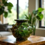 Traditional Tamegroute ceramic vase 30cm with studded detail and green glaze on natural wood surface