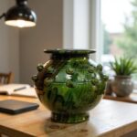Handcrafted ceramic vase 30cm with signature green Tamegroute glaze and studded texture on wooden table