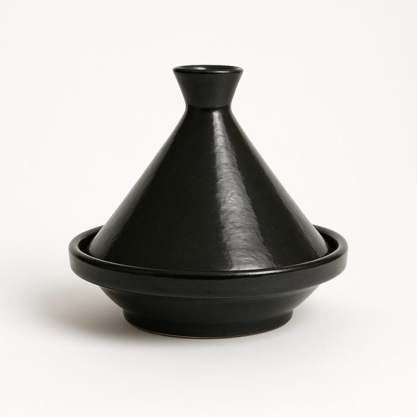 Glossy black Moroccan tagine pot with traditional conical lid