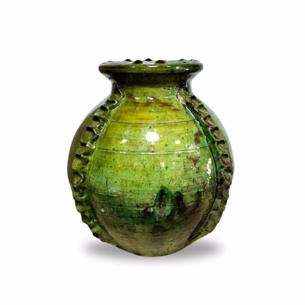 Handmade Moroccan ceramic vase with textured design in traditional green glaze, front view