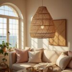 14" handwoven raffia lighting dome pendant illuminated above cozy sofa with blush and cream pillows