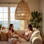 Handwoven raffia lighting 14" dome pendant illuminated in coastal living room with ocean view