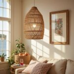 14" handwoven raffia lighting with herringbone weave pattern in sunlit bohemian corner nook