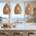 Clustered handwoven raffia lighting 14" pendants illuminated in modern stairwell with wood steps