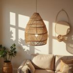 Handwoven raffia lighting 14" pendant with herringbone pattern in sunny living room with arched window